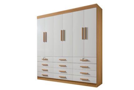 Roupeiro Mônaco 6 portas e 12 Gavetas- 2,40 Mts - Cor Cinamomo / Off White