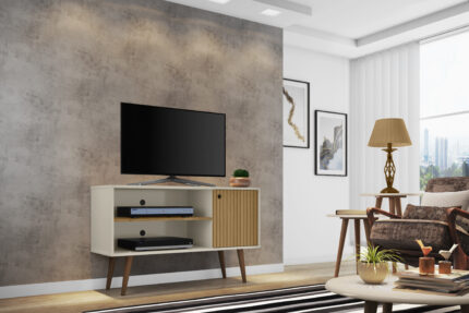 Rack Jade 1,10M - Para Tvs até 42" - Off White / Cinamomo / 3D impressão Ripado