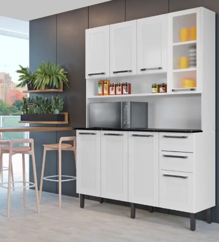 Kit Cozinha Itatiaia - Florença Aço - 1,40 M - Aço - Cor : Branco c/ Vidro