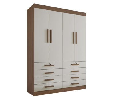 Roupeiro Mônaco 4 portas e 8 Gavetas- 1,60 Mts - Cor Castanho / Off White