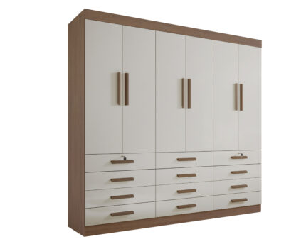 Roupeiro Mônaco 6 portas e 12 Gavetas- 2,40 Mts - Cor Castanho / Off White